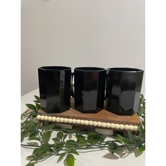 3 Mid Century Style Black Glass Octagon Coffee Mugs Cups ARCOROC France OCTIME - Picture 1 of 14